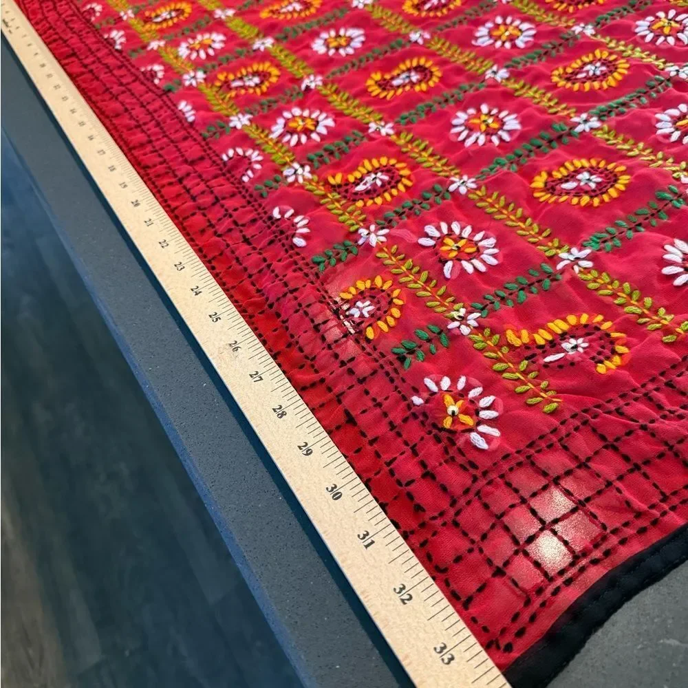 Tolani 86” x 34 “long red with hand embroidery flowers, vintage scarf